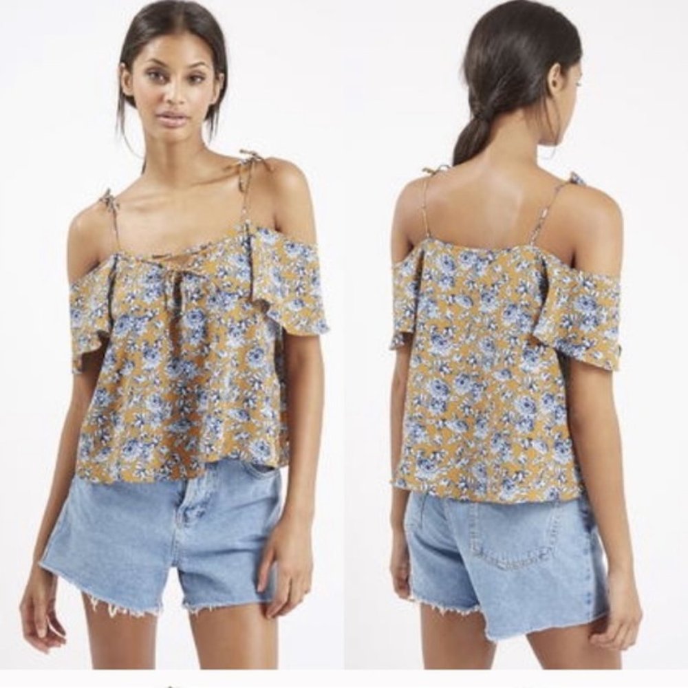 Topshop Mustard & Blue Floral Off-Shoulder Top